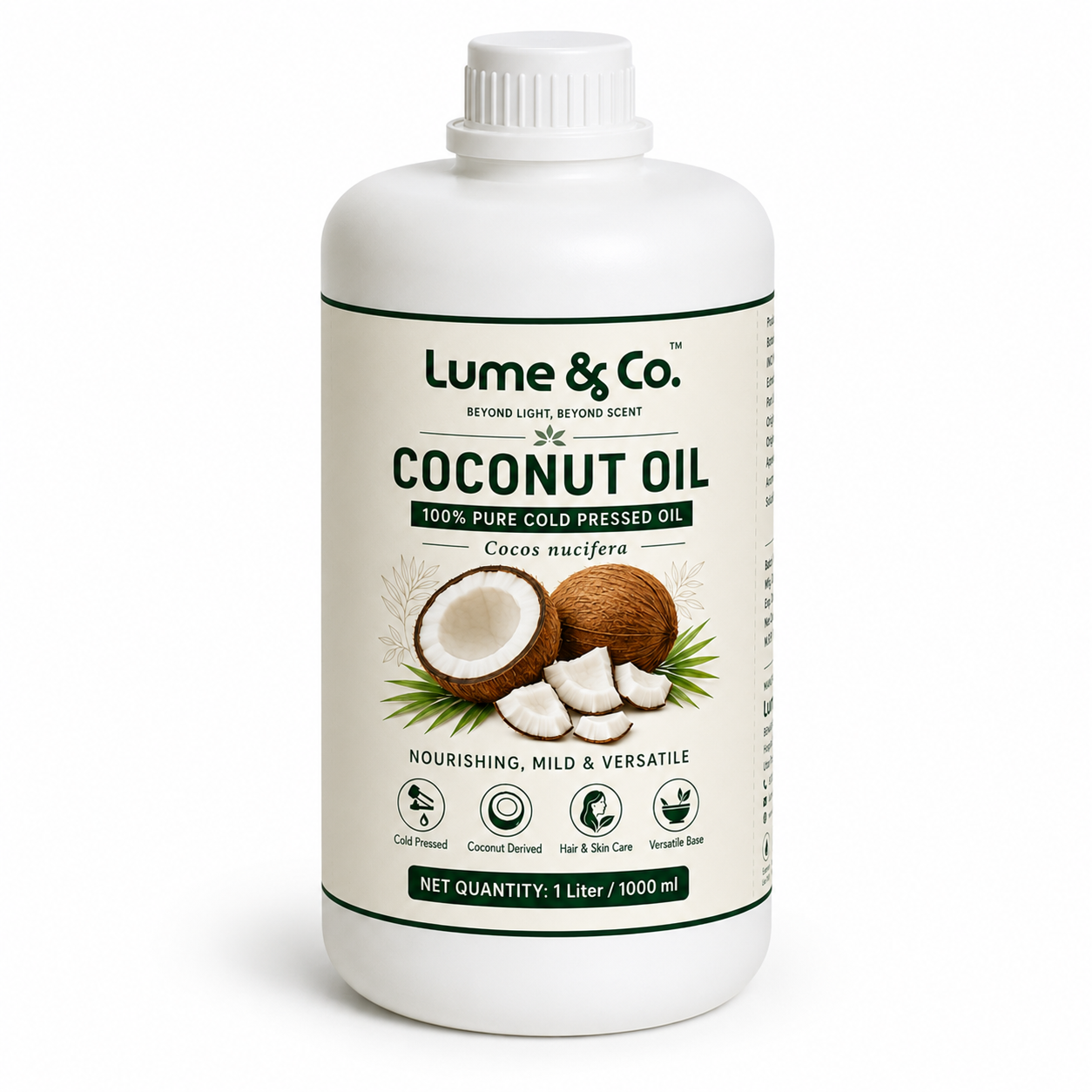 Lume & Co. 100 Natural Coconut Cold Pressed Oil | Pure Natural Coconut Oil for Food, Skin, Hair, Soap & DIY Formulations