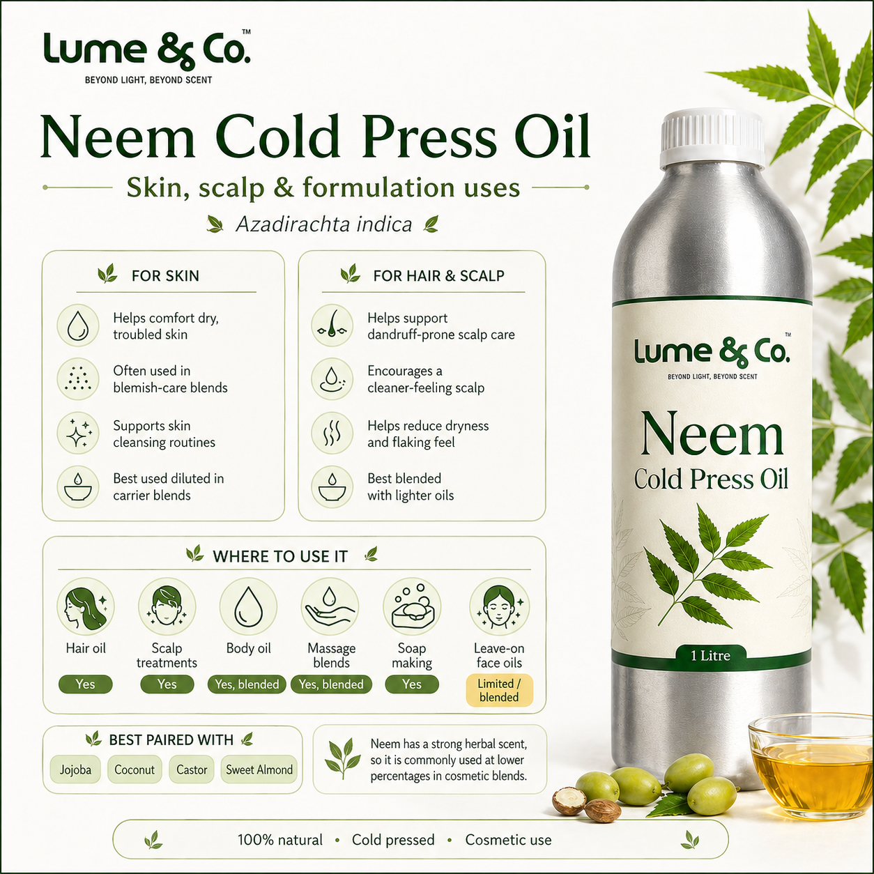 Lume & Co. 100 Natürliches kaltgepresstes Neemöl | Pures natürliches Neemöl für Haut, Haar, Seife & DIY-Formulierungen