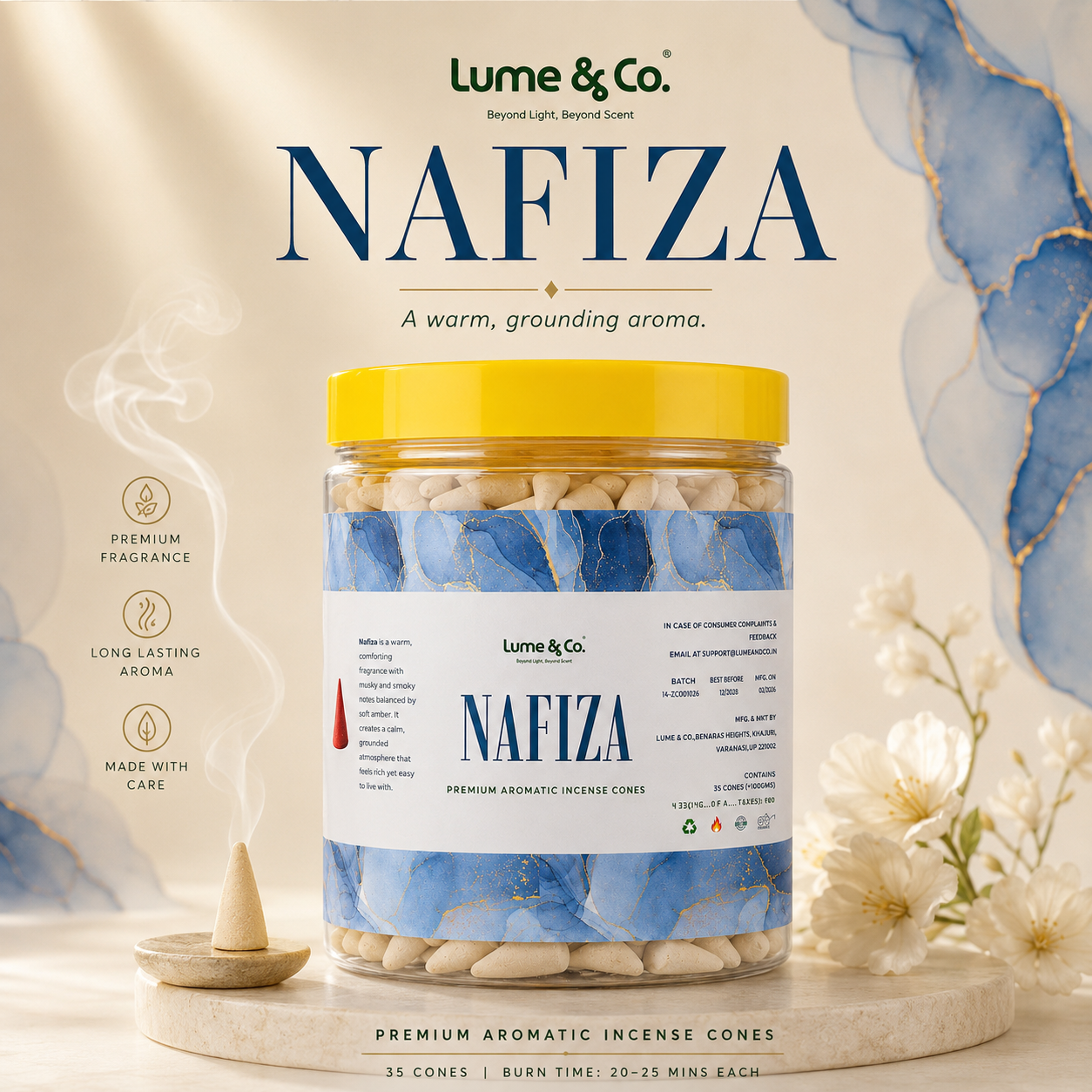 Nafiza Premium Dhoop Cones Jar | Smoky Musk & Floral Incense Cones for Pooja, Meditation & Home Fragrance | Lume & Co.™
