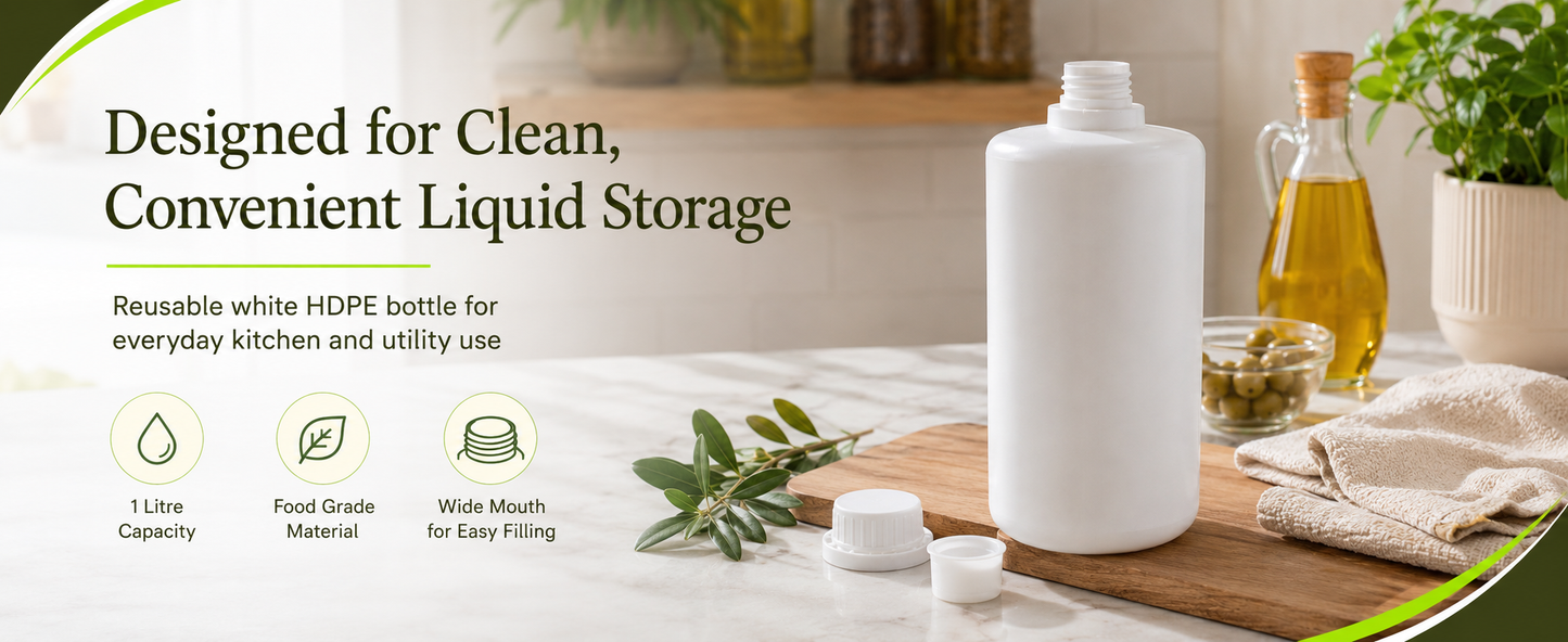 1 Litre HDPE Plastic Bottle with Inner Plug & Cap – Food Grade, White